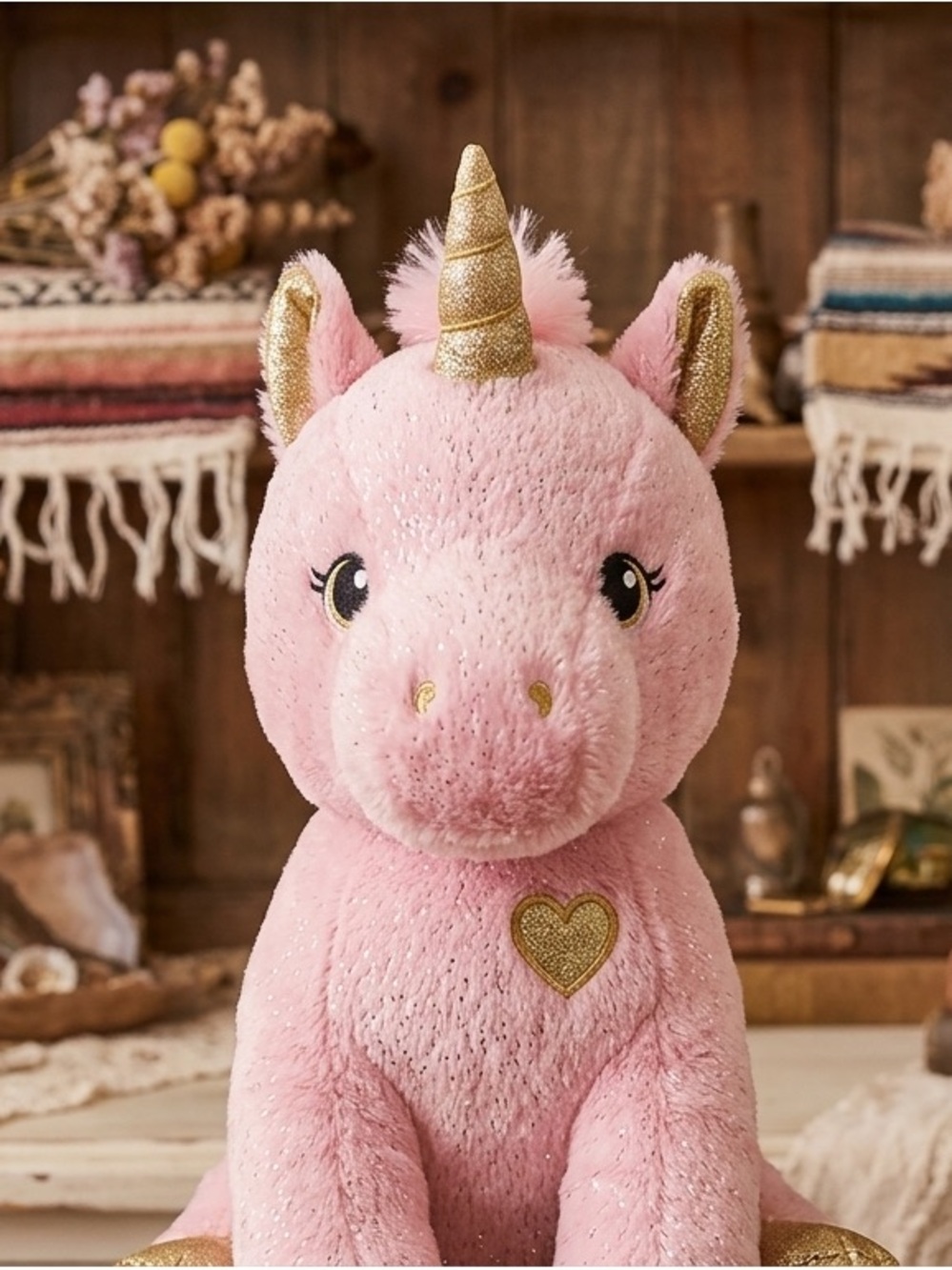 Kellytoy Pink Glitter Unicorn ✨ Gold Horn & Heart Embroidery | Y2K Coquette